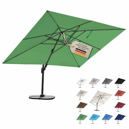RS Trade Sonnenschirm Ampelschirm 3x4m groß rechteckig, mit Windsicherung, Ständer und Schutzhülle, drehbar neigbar kippbar mit Kurbel, windstabil für Garten Terrasse Balkon Gastronomie, grün