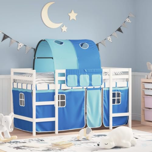 Festnight Hochbett Kinder mit Vorhang Spielbett Kinderbett 90x190 cm Kinderhochbett Etagenbett Hausbett Holzbett mit Leiter Tunnel Einzelbetten Jugendbett Bettgestell Halbhochbett