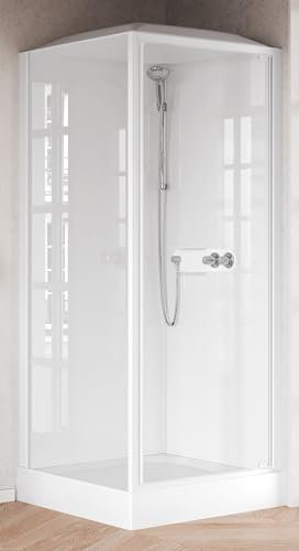Novellini Media Glass GF Standard Verdeck Duschkopf 80 x 80 cm Duschwand Duschkabine Bad Multifunktions Öffnung Flügel Montage Winkel Mechanische Mischbatterie Glas Transparent Profil Weiß Höhe 226 cm