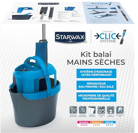 STARWAX - Kit Balai Mains Sèches - Nettoie Les Sols - Sans Efforts - Système d'essorage Ultra Performant- Seau séparateur d'eau sale/propre + Microfibres de qualité + Balai - Conception Française
