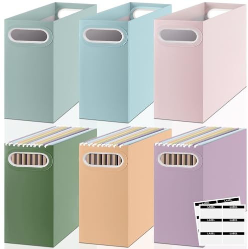 PerKoop 6 Pcs Morandi Color Hanging File Organizer Collapsible Cardboard File Box with Handle and Labels Pastel Hanging Folder Organizer Letter Size for Student Teacher Office Classroom (6 Colors)