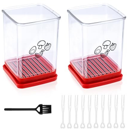 2uds Rebanador de Tazas, Rebanador de Frutas Cortador de Fresas Acero Inoxidable Cortador de Fresas con Cepillo y Tenedores para Ensalada de Huevo Plátano Utensilio de Cocina