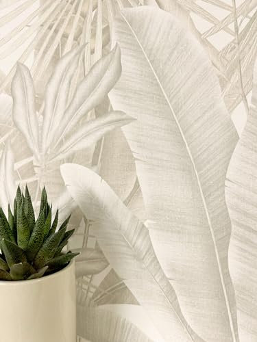 NEWROOM carta da parati Beige Giungla Tessuto non Tessuto - Moderno Crema Grigio Chiaro Palme Foglie Tropicale