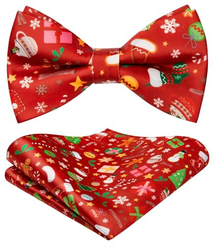 HISDERN Fliege Weihnachten Herren Vorgebunden Weihnachtsfliege und Einstecktuch Set Einstellbar Fliege Taschentuch für Männer Geschenke Feiertags
