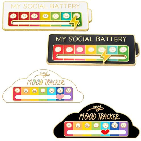 Social Battery Pin,Pins Anstecker, 4 Stück Lustige Brosche für Soziale Stimmung für 7 Tage Interaktive Stimmungsnadeln, Broschen Angstabzeichen Interaktive für Psychische Gesundheit (Weiß+Schwarz)