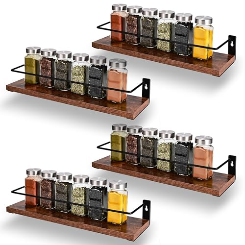 TDSYDS 4-Teiliges Set Gewürzregal Wand Ohne Bohren(40x9.5x7CM),Küchenregal Akazien Holz Schrank,Gewürz Organizer,Regal Küche Wand,Gewürzhalter&Gewürzregale Hängend,Spice Rack,Gewurzregalsystem