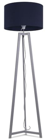 ValueLights | Grey Wood Tripod Floor Lamp with Navy Blue Fabric Drum Lampshade Living Room Light | Floor Lamps, Home Décor & Improvement Essential | Included LED Bulb