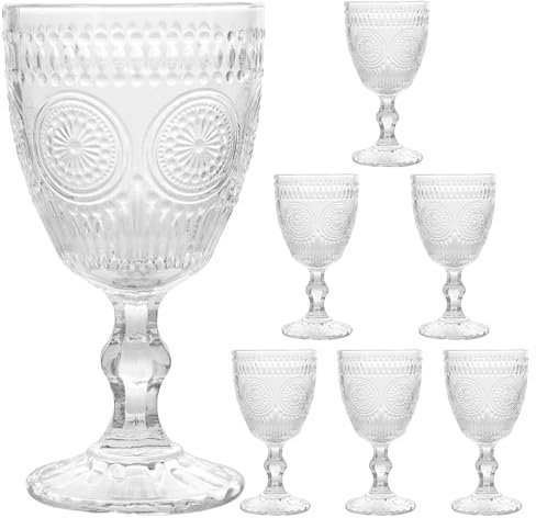 KOMABLEN Copas de Vino Vintage de 6 Piezas, 300ml Vaso de Vino con Estampado en Relieve, Copa de Vino Tinto Aptas para Lavavajillas, para Té Helado, Cerveza, Zumo, Cócteles, Whisky