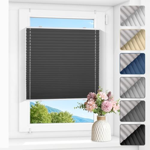 Zarnan Plissee ohne Bohren Verdunkelung Thermo Plissee Klemmfix Schwarz B80 x H120 cm(BxH) plisseerollo Klemmfix 100% Blickdicht Jalousien for für Fenster innen Sichtschutz