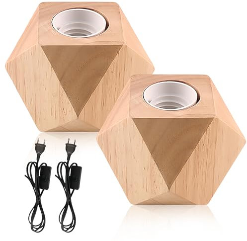 WIYETY 2 Stück Tischlampe Holz, E27 Nachttischlampe Holzsockel, Kleine Nachttischlampe mit Diamant-Holzsockel, EU-Plug Holzsockel E27 Perfekt für Schlafzimmer/Wohnzimmer/Büro (ohne Glühbirne)