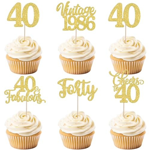30 Pack Happy 40th Birthday Cupcake Toppers Glitter Hello 40 Forty Vintage 1986 Cupcake Picks Cheers to 40 Party Decorations for 40th Birthday Anniversary Party Cake Gold