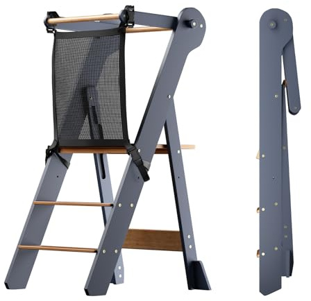 COSYLAND Taburete Plegable para Cocina – Taburete de Cocina para niños pequeños Que Ahorra Espacio con Red Protectora – Torre de pie Ajustable para niños con Bloque estabilizador (Gris y Natural)