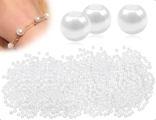 Emezddo 500 Stück Perlen Zum Basteln,kleine Kunstperlen,Künstliche lose Beads zum Aufnähen,Bastelperlen mit Löchern,für DIY Schmuckherstellung Armbänder Halsketten Kleidung Basteln(6 mm,Runde,Weiße)