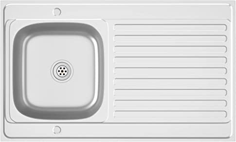 Fregadero de cocina de acero inoxidable con escurridor, reversible, agujero de desbordamiento, 1000 x 500 x 155 mm, color plateado, ideal para grandes espacios de cocina