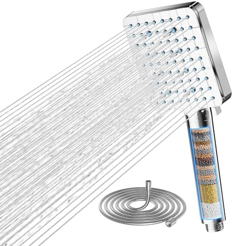 Cobbe Duschkopf mit Filter, Hochdruck Handbrause mit Filtration in 20 Schichten 1,5M Schlauch, 6 Strahlarten Quadratisch Sparduschkopf, Chrom