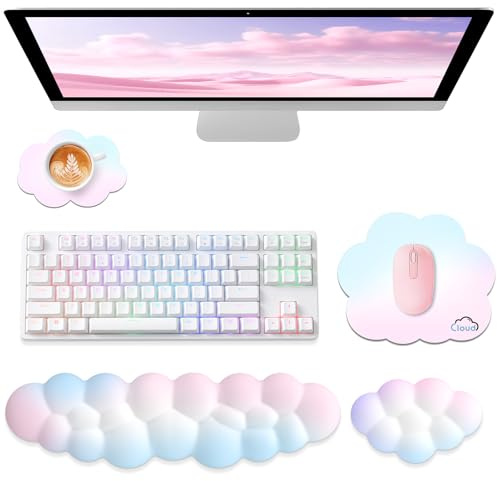 Sushret Repose-Poignet Nuage Clavier, Ensemble 4‑en‑1 Cuir Mousse à Mémoire, Tapis Souris, Support Ergonomique Avant-Bras et Paume, Bureau & Gaming, Arc-en-ciel