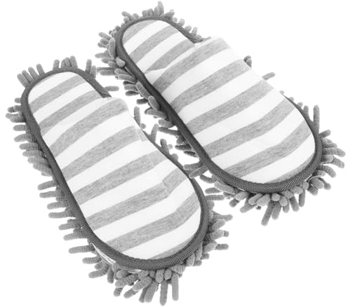 Anneome 1 Par Zapatillas de Limpieza con Mopa de Chenille Antideslizantes y Lavables para Vinilo Color Gris con Franjas Talla