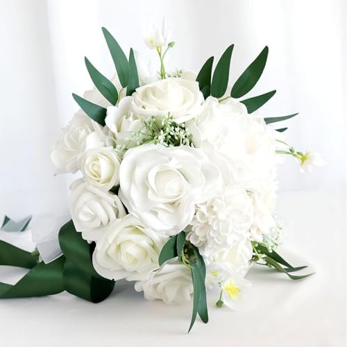 Yvessvi Bouquet da sposa per sposa, bouquet da sposa con rose bianche, romantico bouquet da sposa per cerimonia di nozze, fiori artificiali per festa di nozze in chiesa
