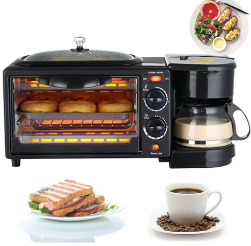 Stazione per la colazione 3 in 1, macchina per la colazione da 9 litri con macchina per il caffè da 600 ml, forno elettrico tostapane 100℃-230℃, padella antiaderente, piastra per sandwich portatile