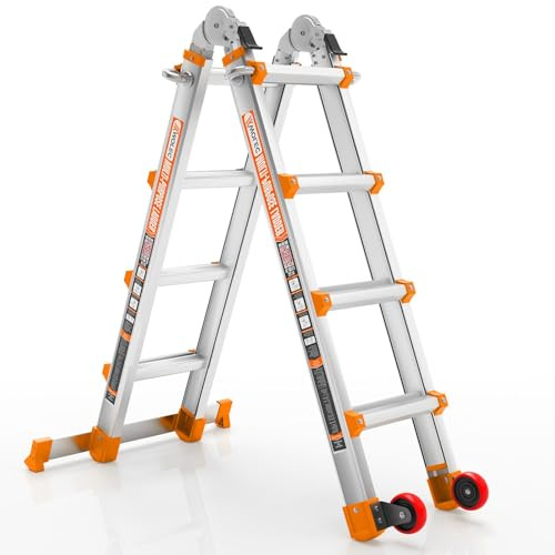 Wolec Telescoping A-Frame Ladder- 14FT Folding Extension Ladder with Wheels & Stabilizer Bar, 330lb Security Load Multi Position Ladders for Stairs Home Indoor Outdoor Roof