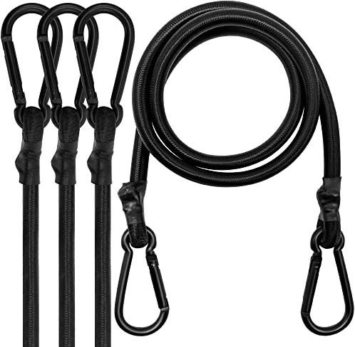 Spanngummi mit Karabiner, 180cm Expander mit Karabinerhaken 4er Set, Gepäckspanner schwarz, 100% Latex Gummispanner für Sonnensegel, Tarps, Garten, Fahrrad, Auto, Ladung
