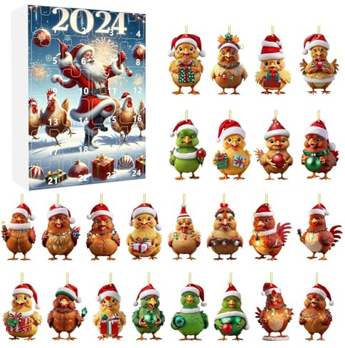 Calendario de Adviento 2025 para niños, juguete de Navidad 2D, adornos de pollo con sombreros de Papá Noel, calendario de Adviento 2024, árbol de adornos 2D, juego de árbol (24 piezas) 2 (naranja