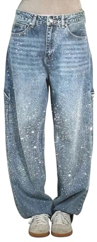 Generico Jeans Brillantini Donna, Vita Alta Larghi, Pantaloni Denim a Gamba Larga Brillanti Oversize Comfort Baggy Jeans