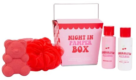 Katsy Style – Self Care Gift Set for Women, Relaxing Bath and Body Kit – Body Puff, Cherry Scented Shower Gel, Cherry Scented Body Cream, Watermelon Bear Fizzer – Pack of 4 Essentials