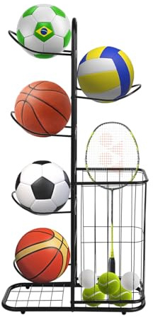 MEELRYD Soporte para pelotas de baloncesto, estante de almacenamiento extraíble con 5 soportes y cestas, estante de almacenamiento para equipos deportivos, para rugby, voleibol, fútbol