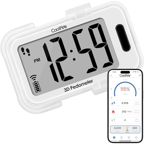 CoolFire - Pedometer, 2025 Indoor & Outdoor 3D Clip-On Pedometer, Accurate Step Counter for Walking Steps and Miles, Calories, Ankle Step Tracker for Fitness, Optional App (MAT White)