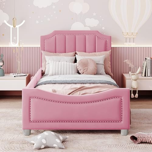 JiaOyu Einzelbett 90x200 cm, LED Bett Kinderbett Prinzessinnenbett für Mädchen, Polsterbett Jugendbett mit Wolken-Design und verstellbarem Kopfteil für Kinderzimmer, ohne Matratze (Rosa+Geländer)