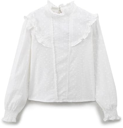 UJEDFHV volangblus för kvinnor dammode ihåligt broderi romantisk stil skjorta kvinnor retro o-hals långärmad volanger kvinnlig blus att jämföra