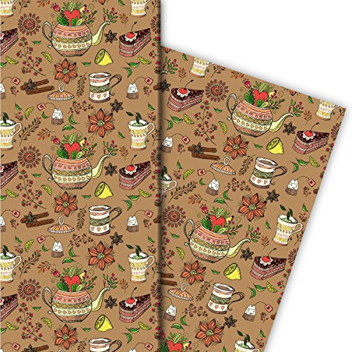 Kartenkaufrausch Kaffee Klatsch Geschenkpapier Set mit Torte, Kaffee und Tee für tolle Geschenk Verpackung, Designpapier, scrapbooking, 4 Bogen, 32 x 48cm, auf beige