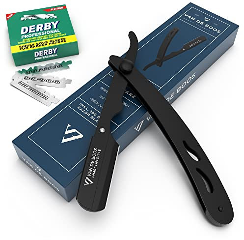Van De Boos® Rasiermesser Herren Set mit 100 Original Derby Rasierklingen | Langlebiges Edelstahl Bartmesser mit Wechselklinge & ergonomischem Griff | Friseur Bart Messer Herren inkl. Derby Klingen