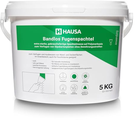 Reparatur Spachtelmasse extra starke Fertigspachtel Verfugen von Gipskartonplatten ohne Verstärkungsstreifen für Wände Decken im Innenbereich Rissfüller Trockenbau Fugenspachtel weiß 5kg HAUSA