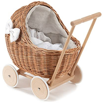 e-wicker24 DESAYER PUPPENWAGEN AUS WEIDE MIT LEINEN BETTWÄSCHE, Spielzeug AUS WEIDEN, NATÜRLICHE KINDERSPIELZEUG, EIN KINDERGESCHENK (weiß)