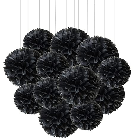 Ainmto 12 Stück Schwarze Seidenpapier Pompons Dekoration für Geburtstag, Hochzeit