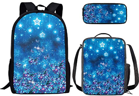 Binienty Rucksack für Kinder Jungen Mädchen Schule Büchertasche mit Lunchbox und Federmäppchen Büchertasche Set für Grundschule, Stern Schmetterling, Einheitsgröße