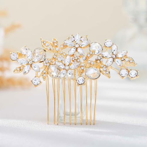 Olbye Hochzeits-Haarkamm, Strass, Haarschmuck, Braut-Haarteile, Blume, Braut, Haarspangen, silberner Kristall, Kopfschmuck, Brautjungfern, Seitenkämme, Brautzubehör für Frauen (Gold)