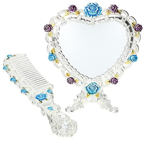 LALAFINA Retro-handspiegel Mit Herz-kamm-Set – Schminkspiegel-Set Für Damen Tragbarer Und Faltbarer Kosmetikspiegel