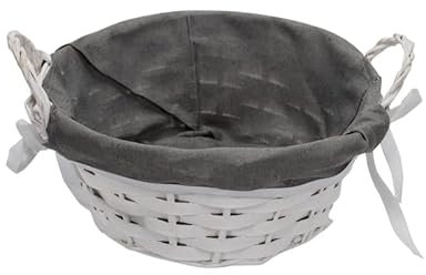 VIRSUS Cestino in Vimini rotondo di colore bianco, diametro 23 cm e altezza 10 cm, con fodera in Tessuto grigio e manici, cesto piccolo intrecciato portaoggetti, portapane, cesto regalo (4)