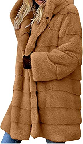 Abrigo de Invierno para Mujeres Abrigo de Piel sintética Abrigo de Piel de Oveja Abrigo de Invierno de Piel sintética cálido Abrigo de Largo Cardigan Elegante Abrigo con Capucha (Marrón,L)