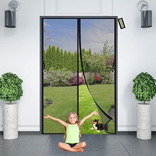 Magnetic Closure Screen Door - Insect Fly Screen Door Mesh Black 160x260cm Magnetic Window Screen Insect Mesh - Keeps Mosquitoes Insects Out for Conditioning Room/Kitchen - Unique Hook Design