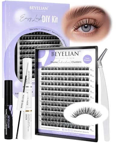 BEYELIAN Pestañas Postizas Cluster Lashes Kit with 168 Pcs D+ Lash Bond and Seal Remover, Eyelash Applicator for Beginner DIY at Home (Style3 0.07 Mix Black Band)