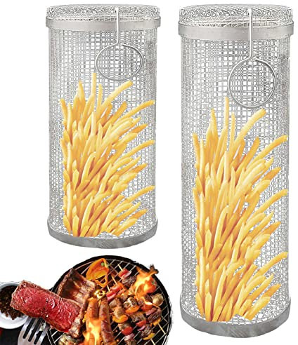 BAtlam BBQ-Korb, Edelstahl-Grill-Gemüsekorb, Drahtgeflecht-Zylinder-Grillkorb, BBQ-Netzrohr, für Pommes, Fisch, Garnelen (groß + klein)