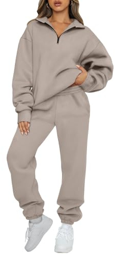 AUTOMET Women's Sweatsuits 2 Piece Outfits Lounge Sets Half Zip Pullover and Baggy Sweatpants Plus Size Fall Fashion Deals CoffeeGrey XL