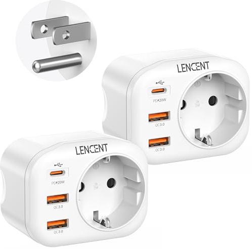 LENCENT 2 Stück Adapter USA Deutschland Stecker, Reiseadapter USA mit 2 USB QC3,0 + 1 Typ-C PD Anschlüße, Typ B Reisestecker Stromadapter für Amerika Kanada Mexiko Kolumbien Thailand Steckdose