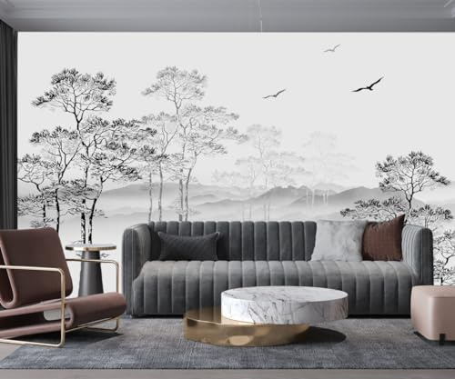 Kalodity Papier Peint Panoramique 3D Soie Noir et Blanc Nature Foret, 410 X 280 cm Murales Panoramique Arbres Montagne Oiseaux Minimal pour Salon, Adulte Chambre d'enfants, Restaurant Décoration