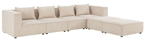 Juskys modulares Sofa Domas XXL - Couch für Wohnzimmer - 2 Ottomanen, Armlehnen & Kissen - Ecksofa Eckcouch Ecke - Wohnlandschaft Cord Beige
