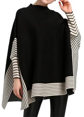 Vsadsau Maglione primaverile da donna, scialle lavorato a maglia, con maniche a pipistrello, collo alto, poncho largo, Nero , Etichettalia unica